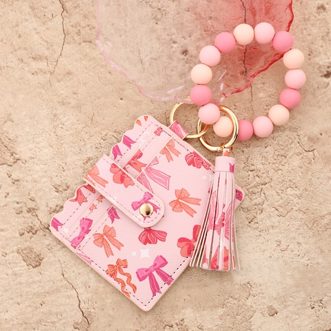 Llavero de Pulsera de Cuentas de Silicona Con Tarjetero de Cuero PU Estampado Floral Lazo Borla Cartera de Muñeca Mujer