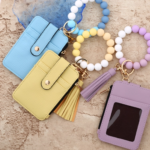 Portachiavi a Cinturino in Perline di Silicone Con Porta Carte in Pelle PU Portafoglio a Nappa Bracciale Anello Chiave Donna
