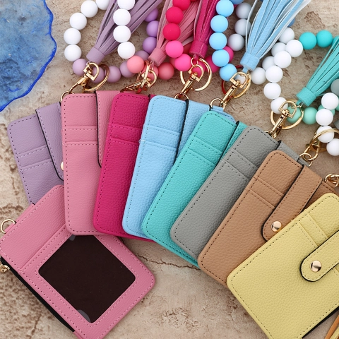 Women Silicone Bead Bracelet Keychain Card Holder Wallet Litchi Texture PU Leather Tassel Wristlet ID Case Zipper Pouch