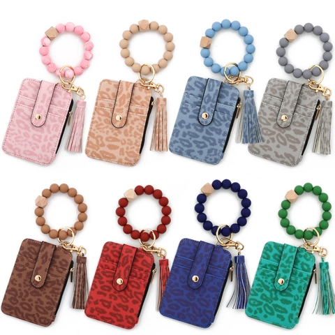 Ensemble Porte-clés Porte-cartes en Cuir Artificiel Léopard avec Bracelet en Perles de Silicone et Gland pour Accessoire de Mode Femme