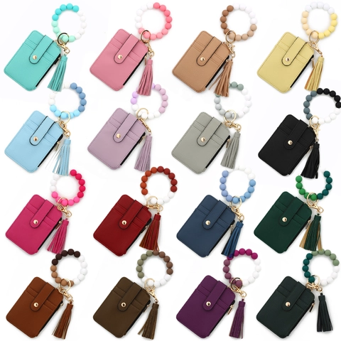 Portachiavi a Cinturino in Perline di Silicone Con Porta Carte in Pelle PU Portafoglio a Nappa Bracciale Anello Chiave Donna