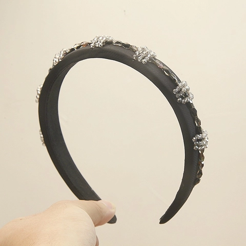 Baroque Vintage Black Fabric Headband With Artificial Crystal Beads Handmade Wide Padded Hairband For Women Hair Accessories