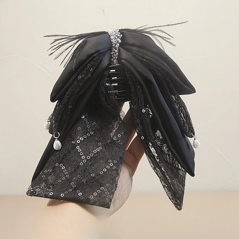 Pinza per Capelli a Fiocco Vintage Francese per Donna Elegante Nappa Perla Artificiale Strass Tweed Pizzo Lustrini Grande Fermaglio per Capelli Accessori