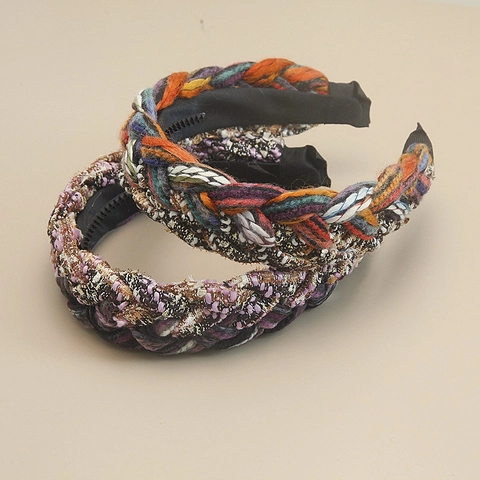Bohemian Braided Wide Brim Headband For Women Tweed Mixed Color High Top Hair Hoop With Anti-Slip Teeth Retro Hair Accessory