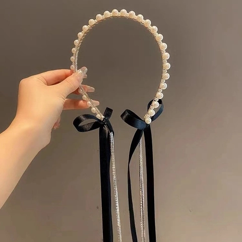 Schwarzes Satin Schleife Künstliche Perlen Stirnband Mit Strass Quasten Elegant Vintage Koreanischen Stil Haarschmuck Für Damen Party