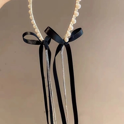 Schwarzes Satin Schleife Künstliche Perlen Stirnband Mit Strass Quasten Elegant Vintage Koreanischen Stil Haarschmuck Für Damen Party