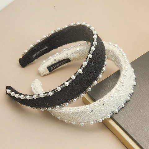 Französisch Vintage Strick Tweed Style Breiter Haarreif Mit Künstlichen Perlen Und Kristallen Eleganter Handgefertigter Haar Hoop Für Damen