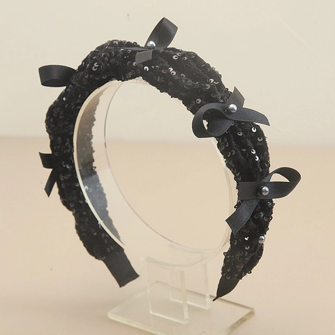 Korean Style Sequin Bow Headband For Women Retro Pleated Cloth Hair Band With Artificial Pearl Elegant Hair Accessories