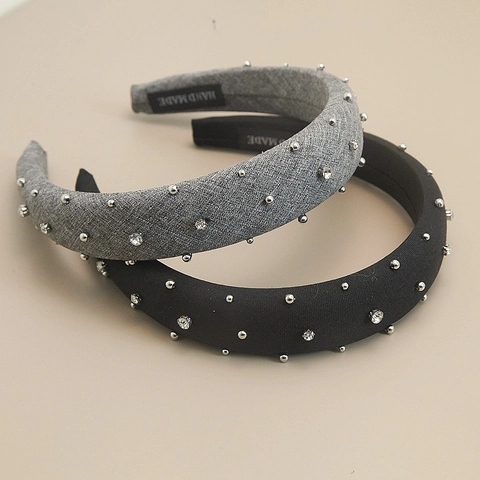 Serre-Tête Rembourré En Tissu De Style Coréen Fait À La Main Avec Perles Rondes Argentées Et Strass Accessoire De Cheveux Élégant Pour Femme