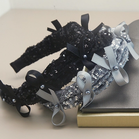 Korean Style Sequin Bow Headband For Women Retro Pleated Cloth Hair Band With Artificial Pearl Elegant Hair Accessories