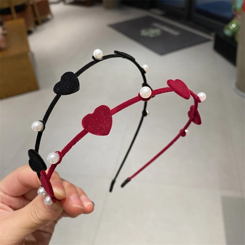 Serre-Tête Vintage Velours Cœur Perle Rétro Rouge Noir Flocage Bandeau Cheveux Doux Élégant Accessoires Pour Cheveux