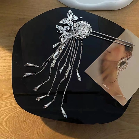 Vintage Chinesischer Stil Schmetterling Quaste Haarnadel Silber Legierung Strass Künstliche Perle Haarschmuck Antike Hanfu Damen Schmuck