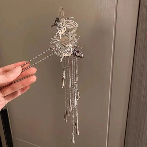 Vintage Chinesischer Stil Schmetterling Quaste Haarnadel Silber Legierung Strass Künstliche Perle Haarschmuck Antike Hanfu Damen Schmuck
