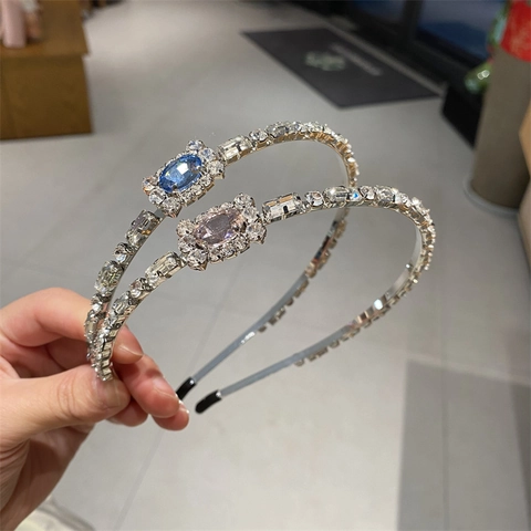 Cerchietto in Lega Vintage con Strass per Donna Elegante Sottile in Metallo con Cristallo Ovale Blu Rosa Accessori per Capelli