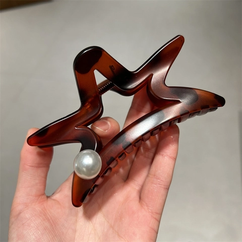 Large Star Hair Claw Clips For Women Matte Black Tortoiseshell Hollow Pentagram Shark Clip Hair Accessories With Artificial Pearl