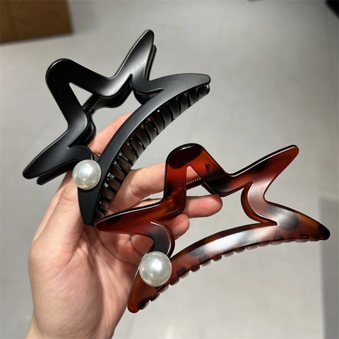Large Star Hair Claw Clips For Women Matte Black Tortoiseshell Hollow Pentagram Shark Clip Hair Accessories With Artificial Pearl