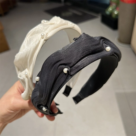 Korean Fashion Pleated Texture Artificial Pearl Wide Headband Elegant Mercerized Fabric Hair Hoop High Skull Top Accessories