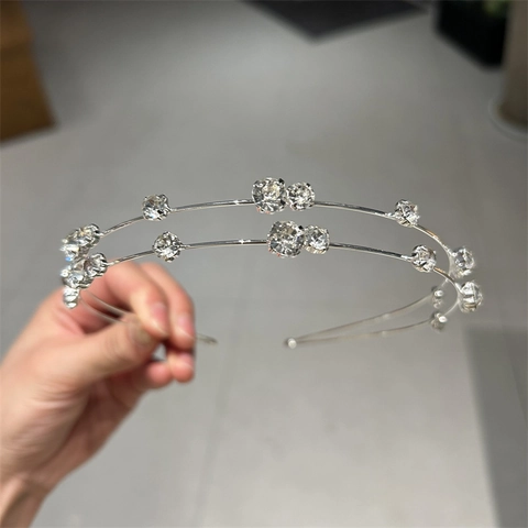 Serre-Tête Double Couche en Alliage d'Argent Avec Perles Artificielles Et Strass Minimaliste Fin Accessoires de Cheveux pour Femmes Mode