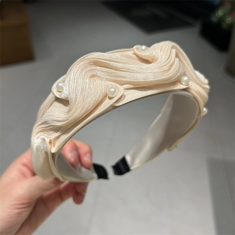Korean Fashion Pleated Texture Artificial Pearl Wide Headband Elegant Mercerized Fabric Hair Hoop High Skull Top Accessories