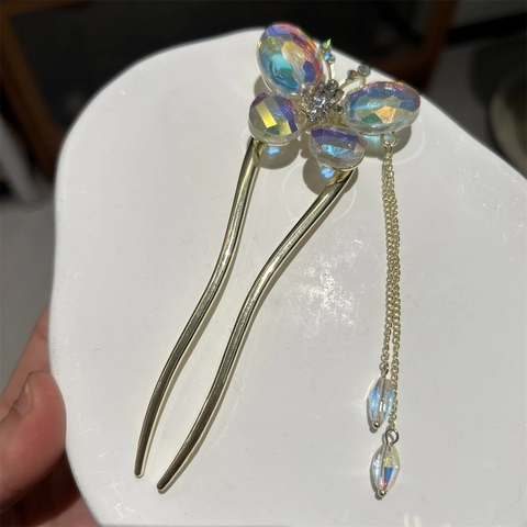 Chinese Style Butterfly Tassel Hair Stick Advanced U Shaped Hair Fork Vintage New Chinese Hanfu Hair Accessories Alloy Artificial Crystal Rhinestone Hairpin