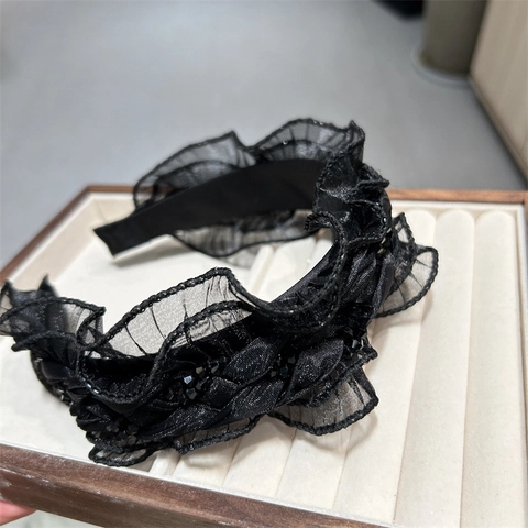 Damen Vintage Schwarz Gerüschte Netz Stirnband Mit Perlen Dekor Elegant Gefaltet Tüll Haarreif Für Alltag Party Hochzeit Haarschmuck