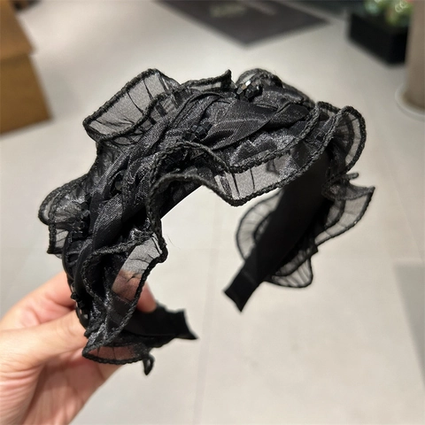 Damen Vintage Schwarz Gerüschte Netz Stirnband Mit Perlen Dekor Elegant Gefaltet Tüll Haarreif Für Alltag Party Hochzeit Haarschmuck