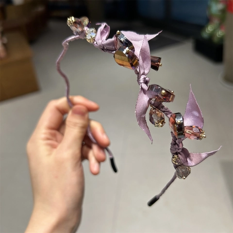 Serre-tête Douce Coréen Perles Cristal Artificiel Noeud Papillon Satin Fait Main Accessoire de Cheveux Élégant
