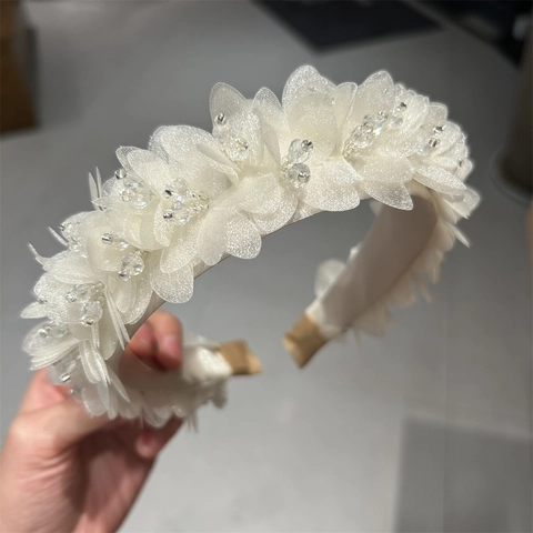 Elegant 3D Mesh Flower Hand-beaded Rhinestone Tassel Headband For Women Wedding Party Retro Fashion Hair Hoop Accessory