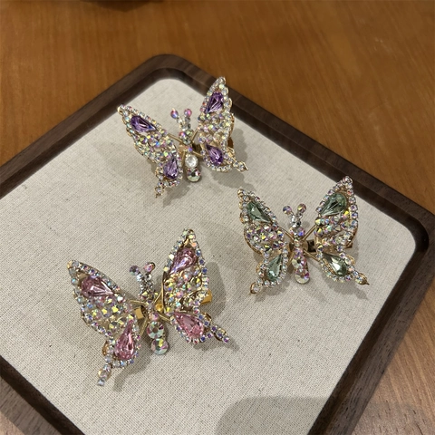 Pinza para el Pelo Mariposa 3D con Alas Móviles y Strass para Mujer Aleación Clip Lateral Brillante Accesorios de Moda