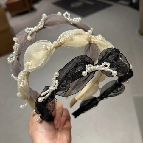 Serre-tête Style Coréen avec Nœud en Maille Organza et Perles Artificielles Élégant à Bord Large Plissé pour Femme