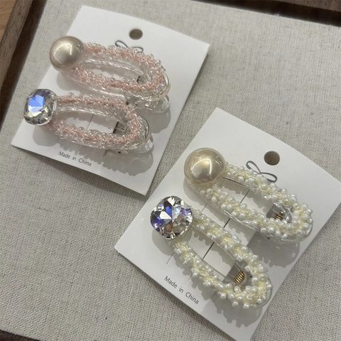 Molletta a Becco d'Anatra Fatta a Mano in Acrilico con Perla Artificiale e Strass Stile Coreano Geometrico per Donna