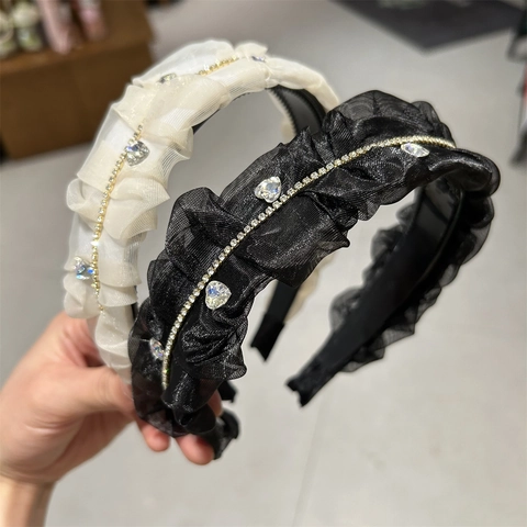 Elegante Cerchietto in Rete Piegghettata da Donna Con Cuore di Strass Catena d'Oro Cerchio per Capelli Alto Vintage Coreano