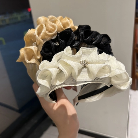 Serre-tête Plissé en Maille Style Français pour Femmes Élégant Bandeau en Organza à Volants avec Strass Accessoires Cheveux