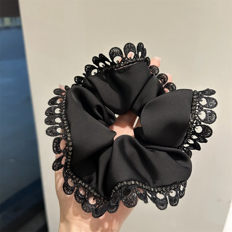 Scrunchie in Pizzo Nero Francese Per Donna Elegante Elastico Per Capelli in Raso Strass Fascia Per Capelli Oversize Di Lusso