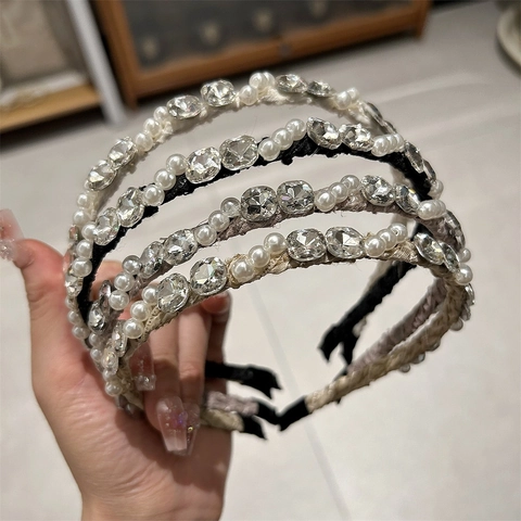 Vintage Rhinestone Artificial Pearl Headband For Women Elegant Fabric Wrapped Braided Hair Band Korean Fashion Hair Accessories