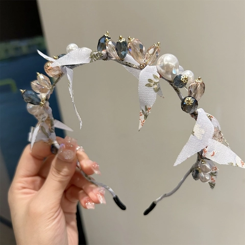 Handmade Artificial Crystal Pearl Bow Headband Korean Style Floral Fabric Rhinestone Hair Band Elegant Hair Accessory For Women