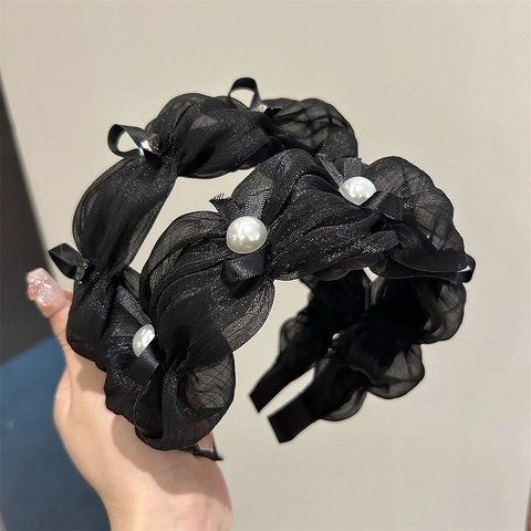 Damen Elegant Schwarz Plissiert Mesh Stirnband Vintage Schleife Künstliche Perle Strass Breit Haarreif Romantisch Haarschmuck