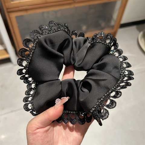 Scrunchie in Pizzo Nero Francese Per Donna Elegante Elastico Per Capelli in Raso Strass Fascia Per Capelli Oversize Di Lusso
