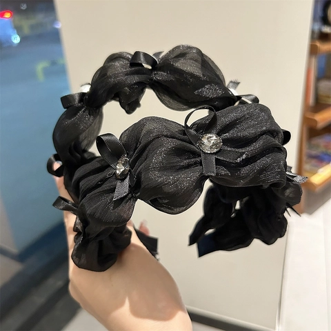 Damen Elegant Schwarz Plissiert Mesh Stirnband Vintage Schleife Künstliche Perle Strass Breit Haarreif Romantisch Haarschmuck