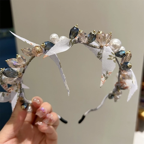 Handmade Artificial Crystal Pearl Bow Headband Korean Style Floral Fabric Rhinestone Hair Band Elegant Hair Accessory For Women
