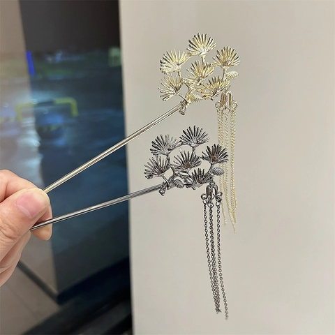 Palillo para el Cabello Estilo Chino Hoja de Pino Borla de Metal Horquilla Vintage Accesorio de Falda Hanfu Mamian para Mujer