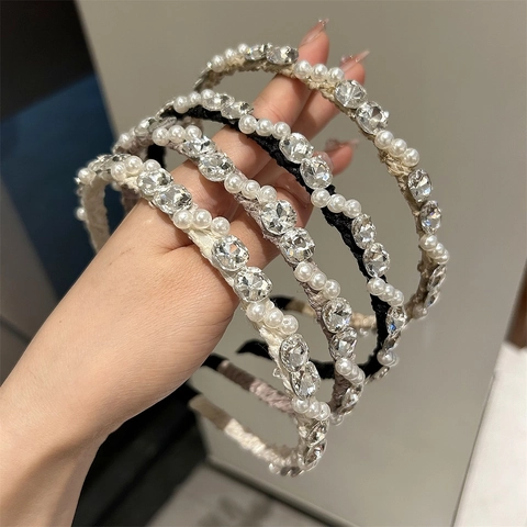 Vintage Rhinestone Artificial Pearl Headband For Women Elegant Fabric Wrapped Braided Hair Band Korean Fashion Hair Accessories