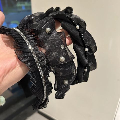 Koreanischer Stil Gedrehter Zopf Mesh Gewebtes Haarband Für Damen Sterne Künstliche Perlen Strass Rüschen Breiter Rand Eleganter Haarschmuck