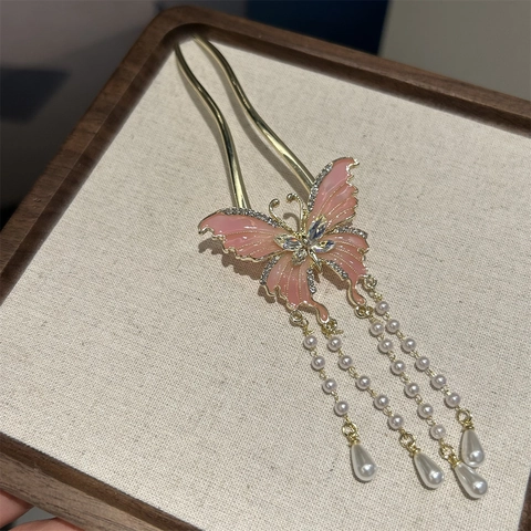 Vintage Chinese Style Butterfly Tassel Hair Stick For Women Alloy Rhinestone Artificial Pearl U-Shaped Hairpin Hair Jewelry Accessory