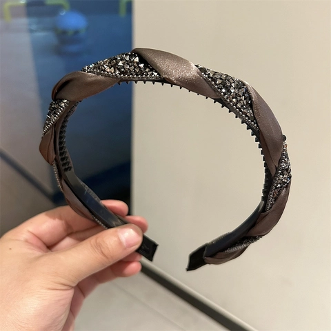 Cerchietto Francese Vintage a Treccia con Strass per Donna in Tessuto di Raso Imbottito Antiscivolo Accessori per Capelli Moda
