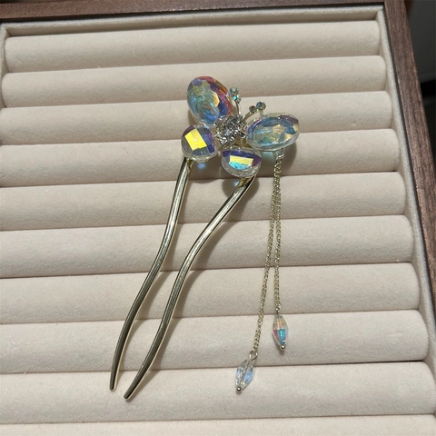 Chinese Style Butterfly Tassel Hair Stick Advanced U Shaped Hair Fork Vintage New Chinese Hanfu Hair Accessories Alloy Artificial Crystal Rhinestone Hairpin