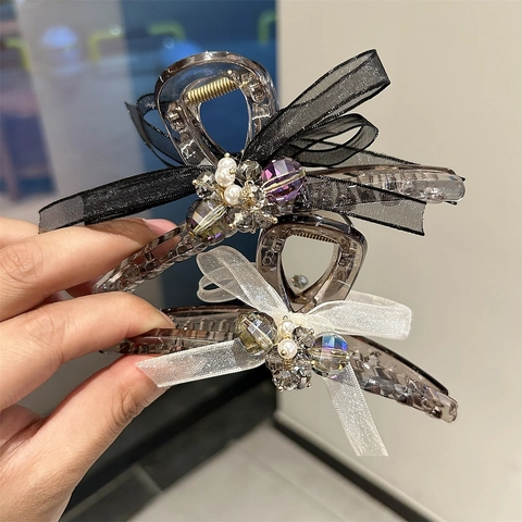 Elegante Pinza Per Capelli In Stile Coreano Con Fiocco In Nastro Perle Artificiali E Strass Grande Fermaglio In Acrilico Accessori Donna