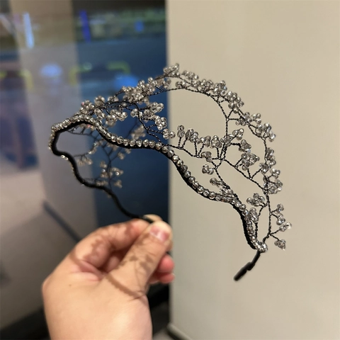 Cerchietto di Lusso Vintage Francese Fatto a Mano con Strass Tessitura a Maglia Ramo di Cristallo Fascia Capelli Matrimonio Festa Donna