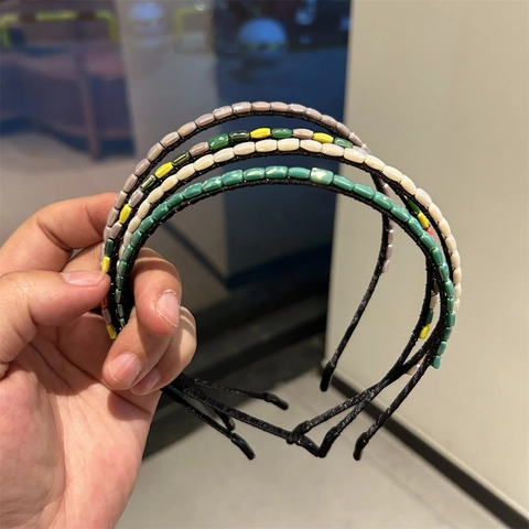 Serre-tête Mince en Perles de Cristal Artificiel Fait à la Main Style Coréen Élégant Serre-tête Perles Géométriques pour Femmes