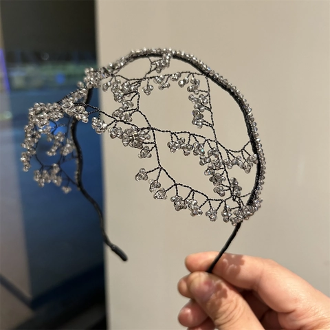 Cerchietto di Lusso Vintage Francese Fatto a Mano con Strass Tessitura a Maglia Ramo di Cristallo Fascia Capelli Matrimonio Festa Donna